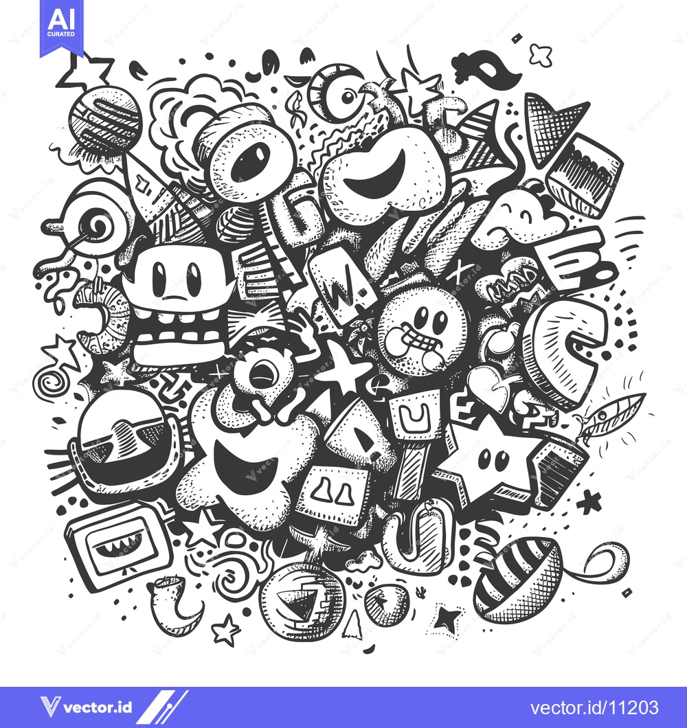 Premium Vector dari Abstract Doodle Art with Geometric Shapes and Faces