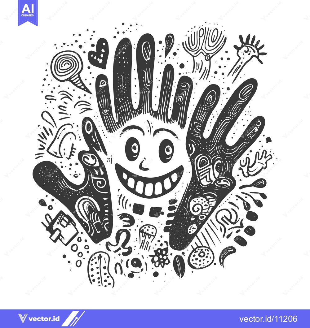 Premium Vector dari Abstract Doodle Illustration of a Smiling Face Made of Hands and Surro