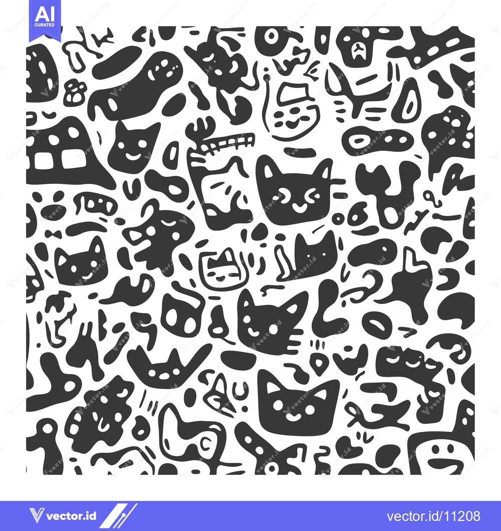 Premium Vector dari Abstract doodle pattern with cartoon cat faces and organic shapes