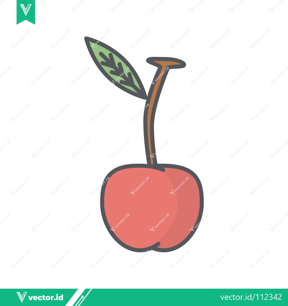 Premium Vector of Simple Red Cherry with Stem and Leaf Illustration