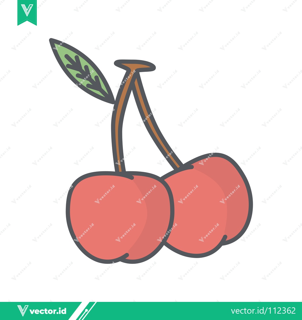 Premium Vector of Simple Hand Drawn Illustration of Two Red Cherries with Stems and a Leaf
