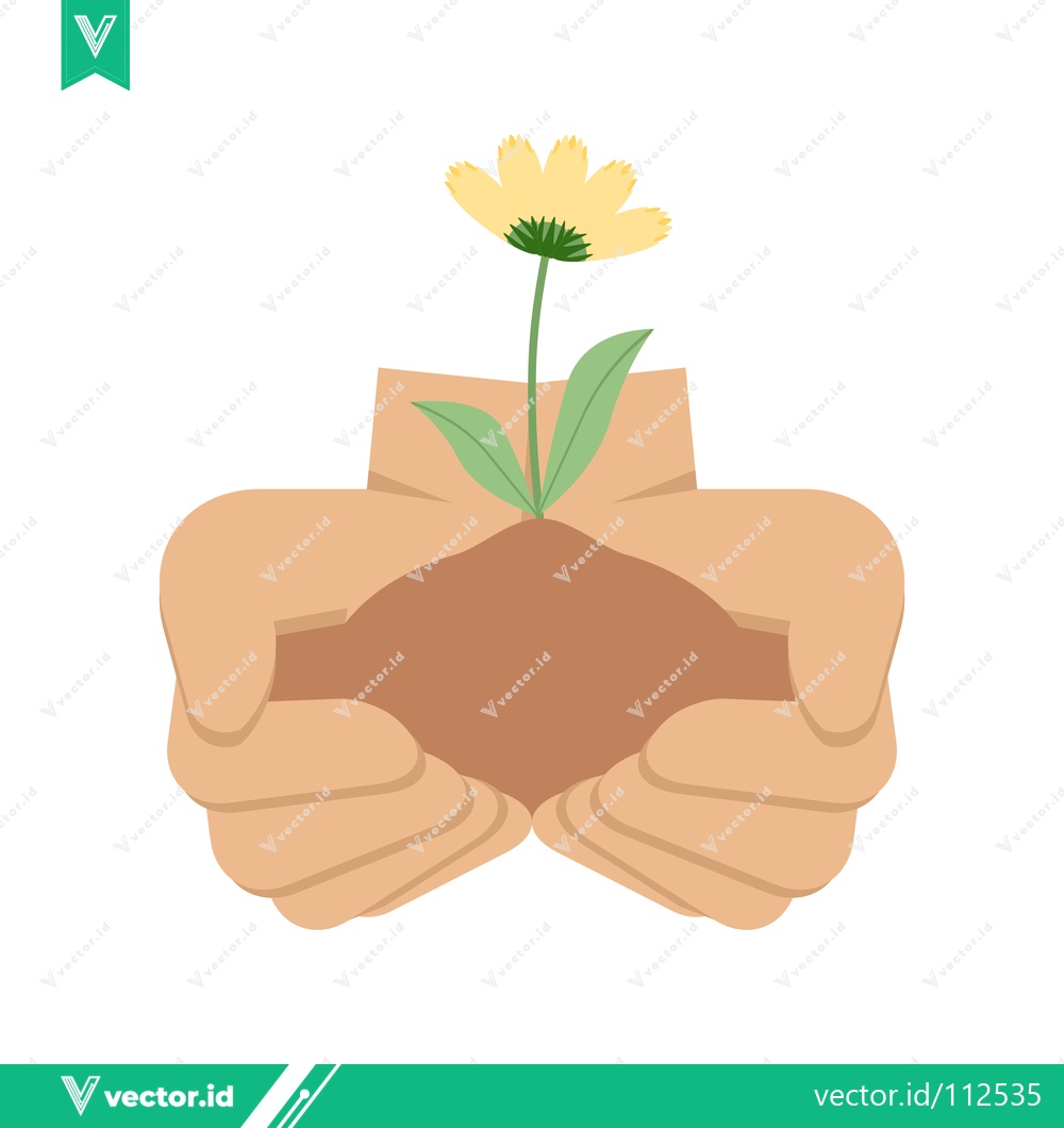 Premium Vector dari Hands Gently Holding Soil with a Sprouting Flower