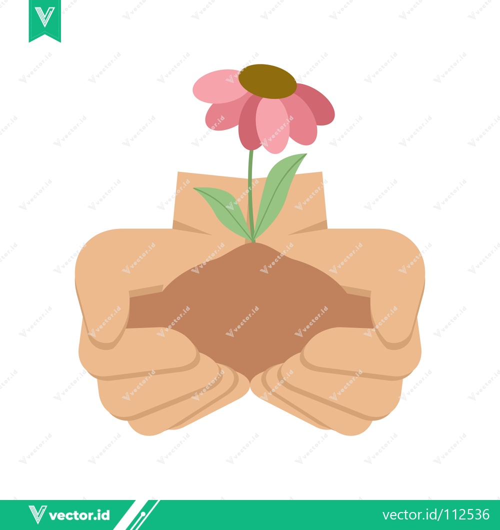 Premium Vector dari Hands holding soil with a blooming flower seedling