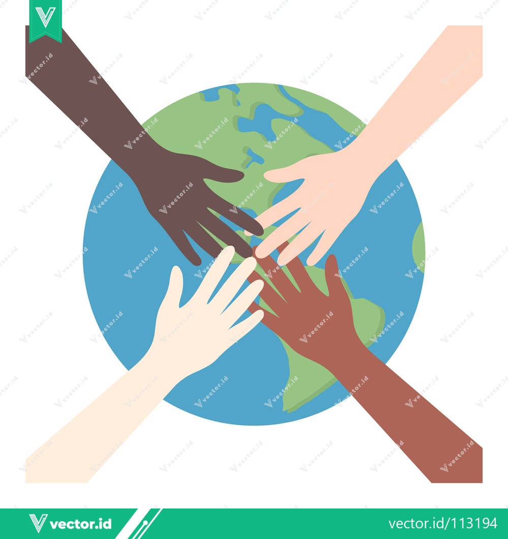 Premium Vector dari Diverse Hands Reaching Together Around the Globe Symbolizing Unity