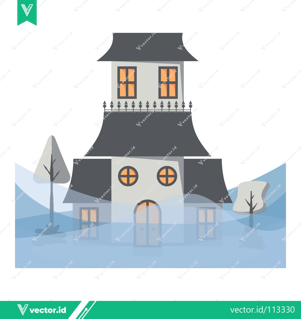 Premium Vector of Haunted House Flooded With Water Illustration