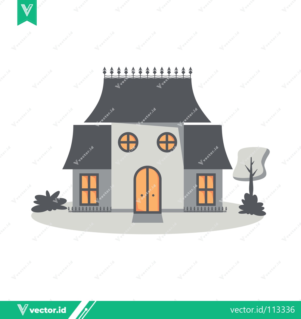 Premium Vector of Charming Cartoon House with Mansard Roof and Garden