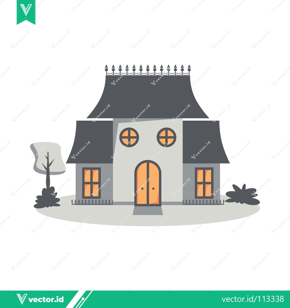 Premium Vector dari Charming Cartoon House with Double Doors and Attic Windows