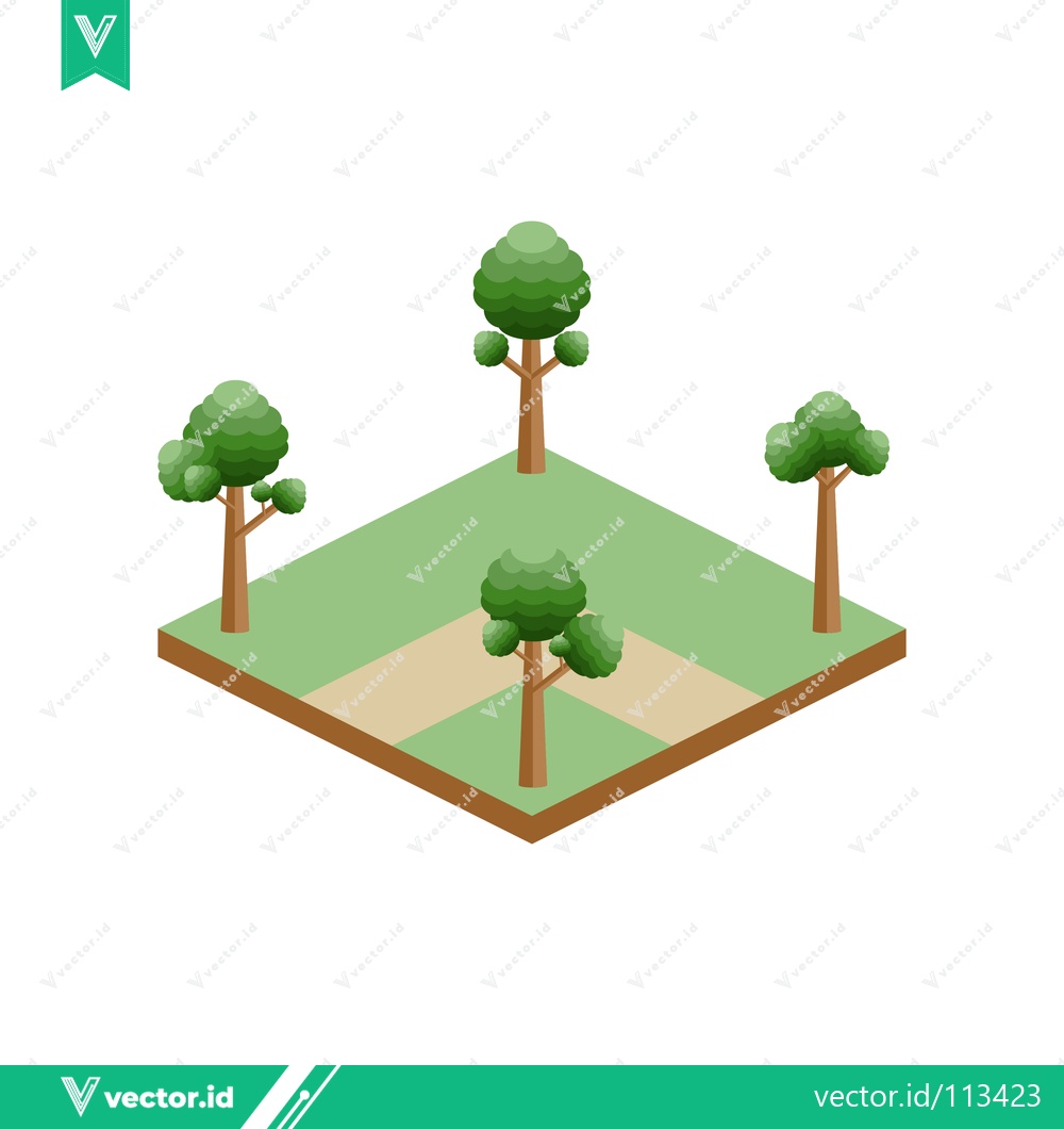 Premium Vector dari Isometric Green Trees on a Square Plot with Paths