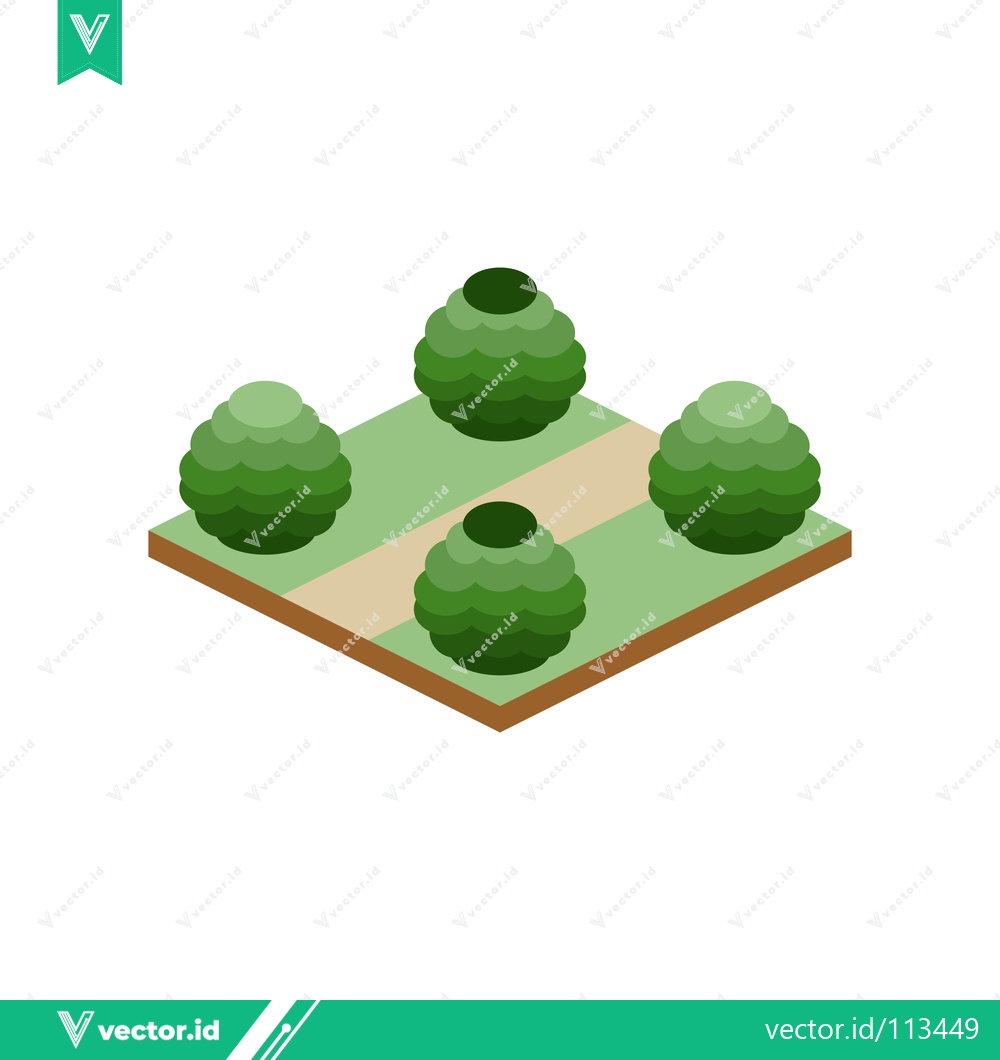 Premium Vector dari Isometric Garden Design with Four Green Spherical Bushes and Path