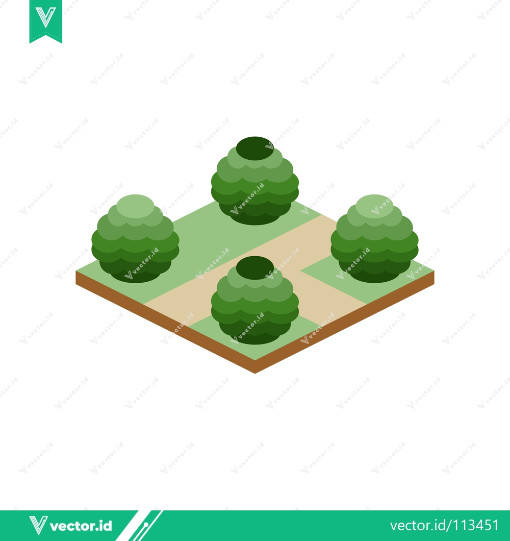Premium Vector dari Isometric Garden Design with Four Green Bushes and Paths