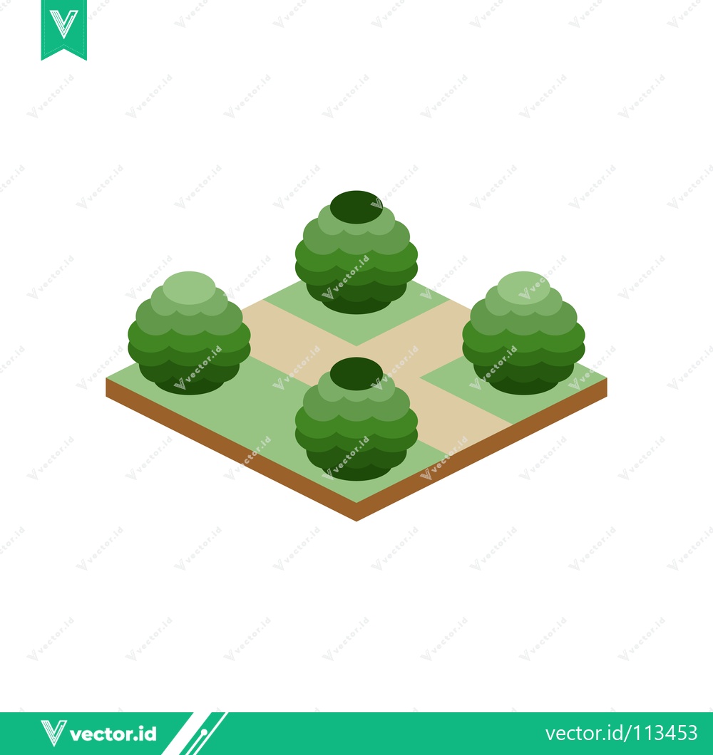 Premium Vector dari Isometric Garden Design with Four Topiary Bushes and Paths