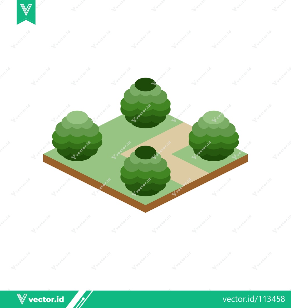 Premium Vector dari Isometric Garden Design with Four Spherical Bushes and Paths