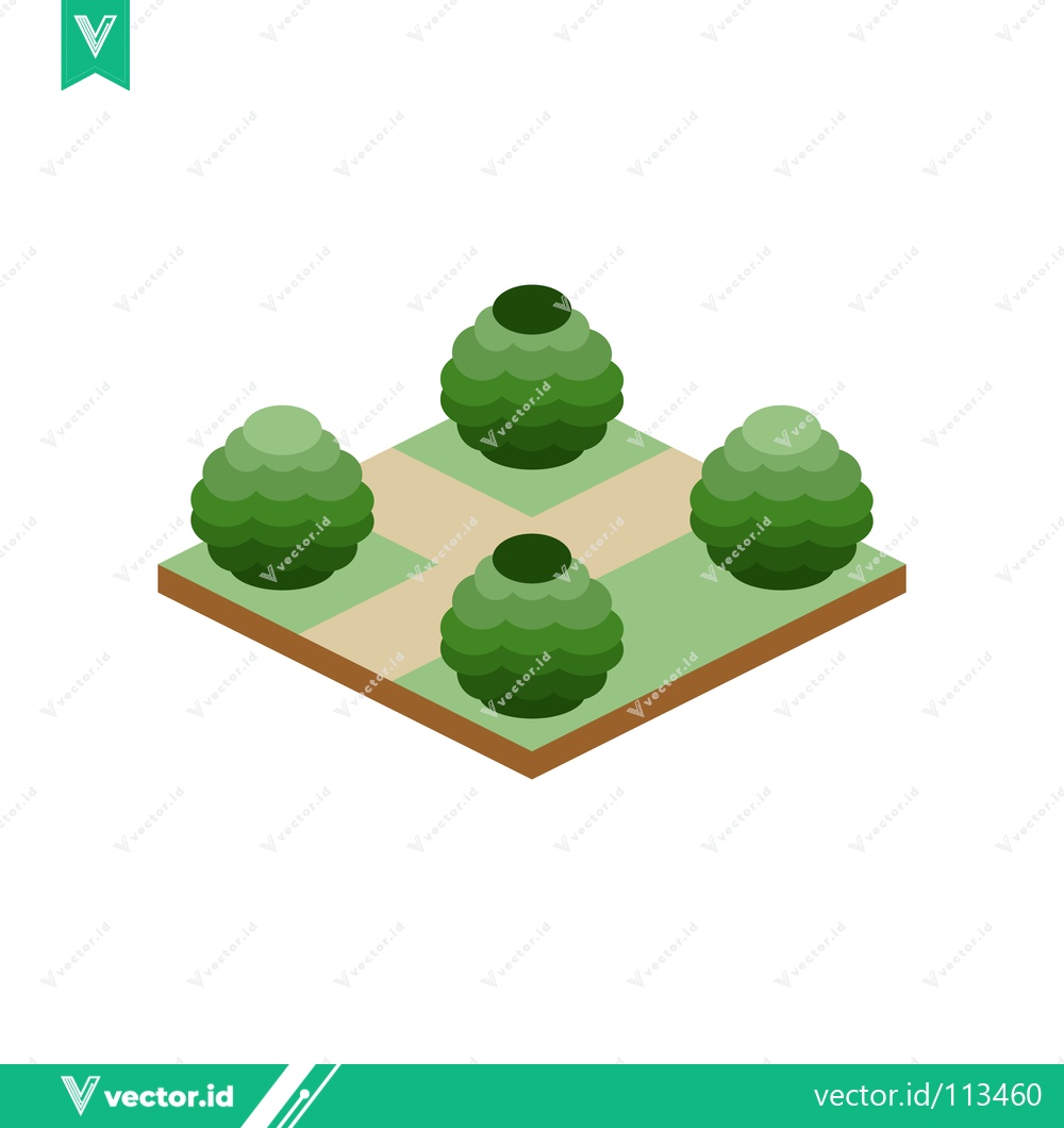 Premium Vector dari Isometric Garden Design with Four Topiary Bushes and Paths