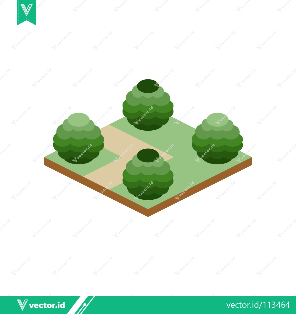 Premium Vector dari Isometric Garden Design with Four Spherical Bushes and Path