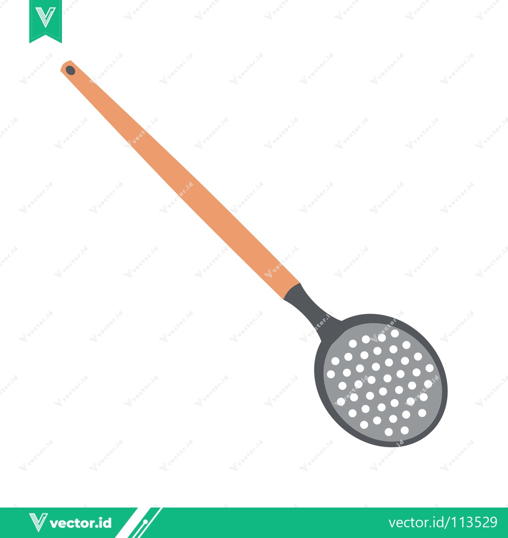 Premium Vector dari Kitchen Utensil Skimmer with Perforated Head and Wooden Handle