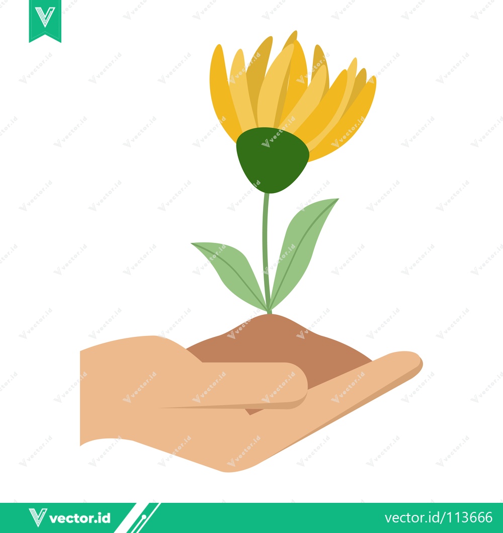 Premium Vector dari Hand holding a young plant with a yellow flower growing from soil