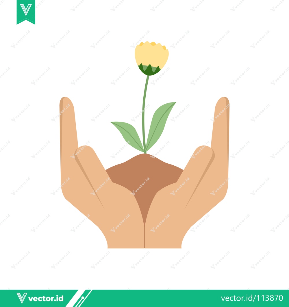 Premium Vector dari Hands Gently Holding a Sprouting Plant with a Yellow Flower
