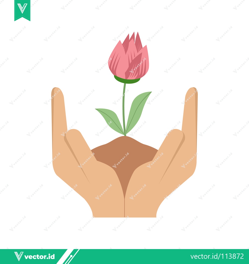 Premium Vector dari Hands Gently Holding a Blooming Flower Sprout in Soil