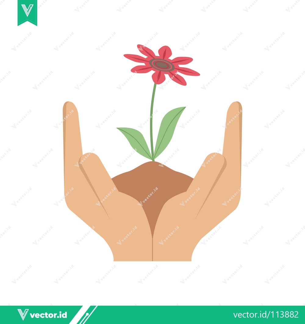 Premium Vector dari Hands Gently Holding a Blooming Red Flower in Soil