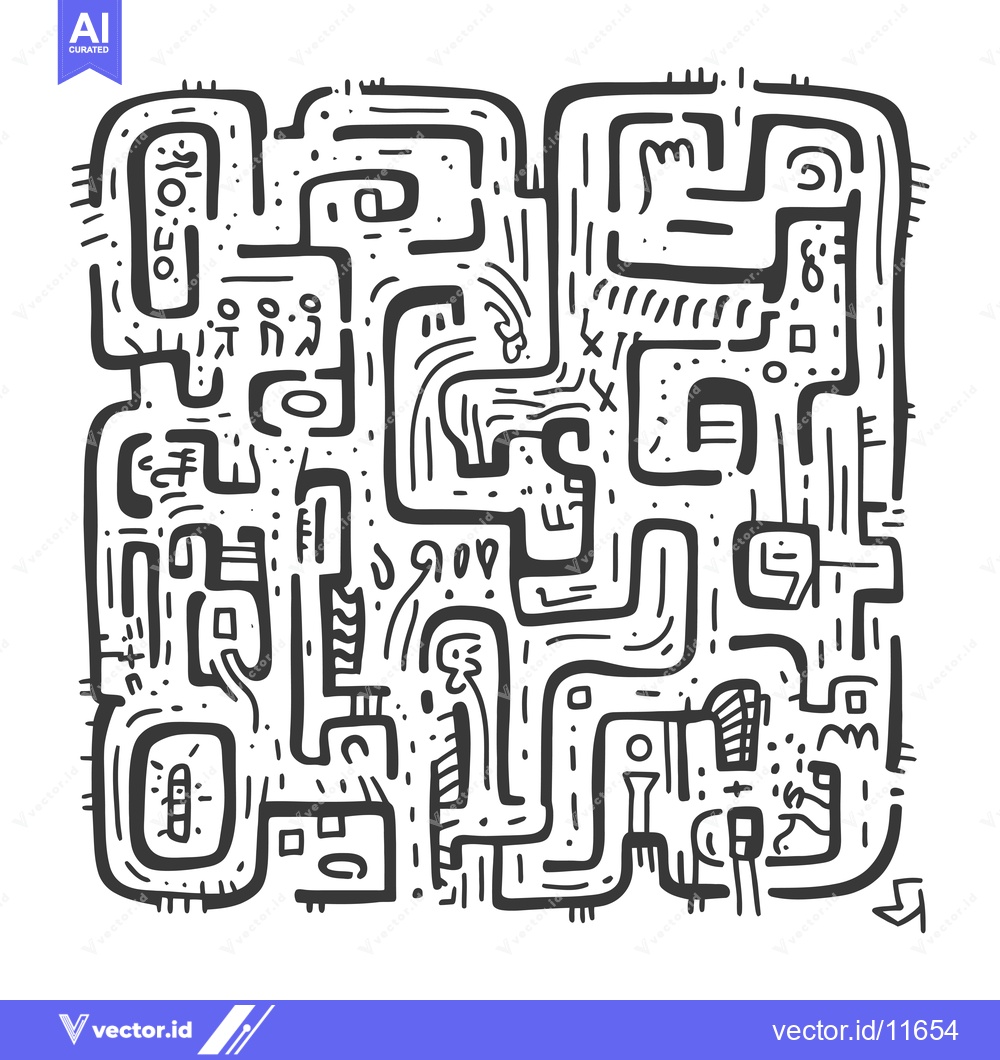 Premium Vector dari Abstract Hand-Drawn Black and White Maze with Geometric Shapes and Lin