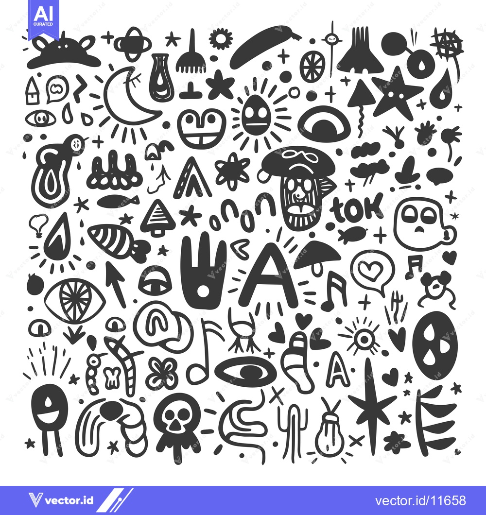 Premium Vector dari Abstract Hand-Drawn Doodle Pattern with Various Shapes and Symbols