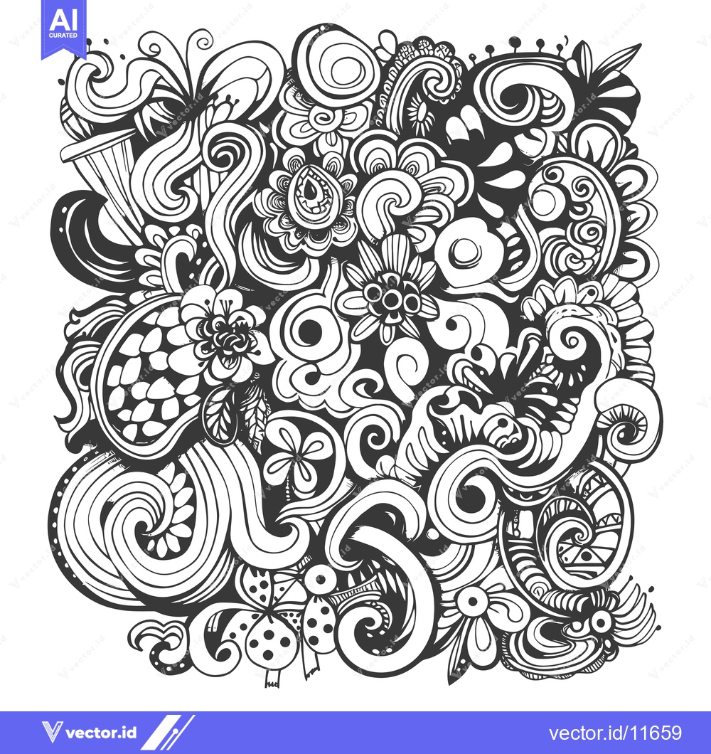 Premium Vector dari Abstract Hand-Drawn Monochrome Floral Design with Swirls and Circles