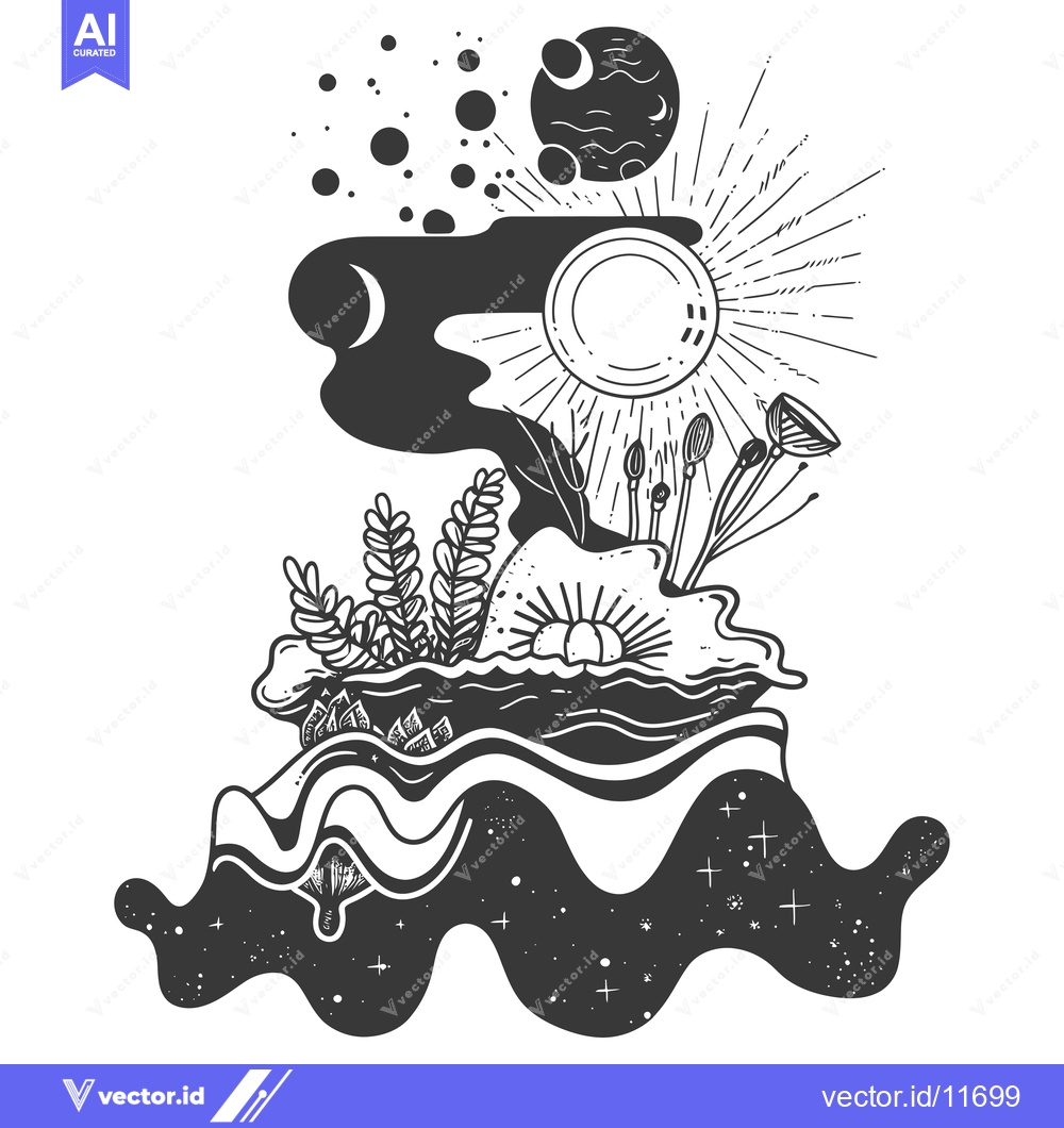 Premium Vector of Abstract illustration of a stylized landscape with celestial elements.