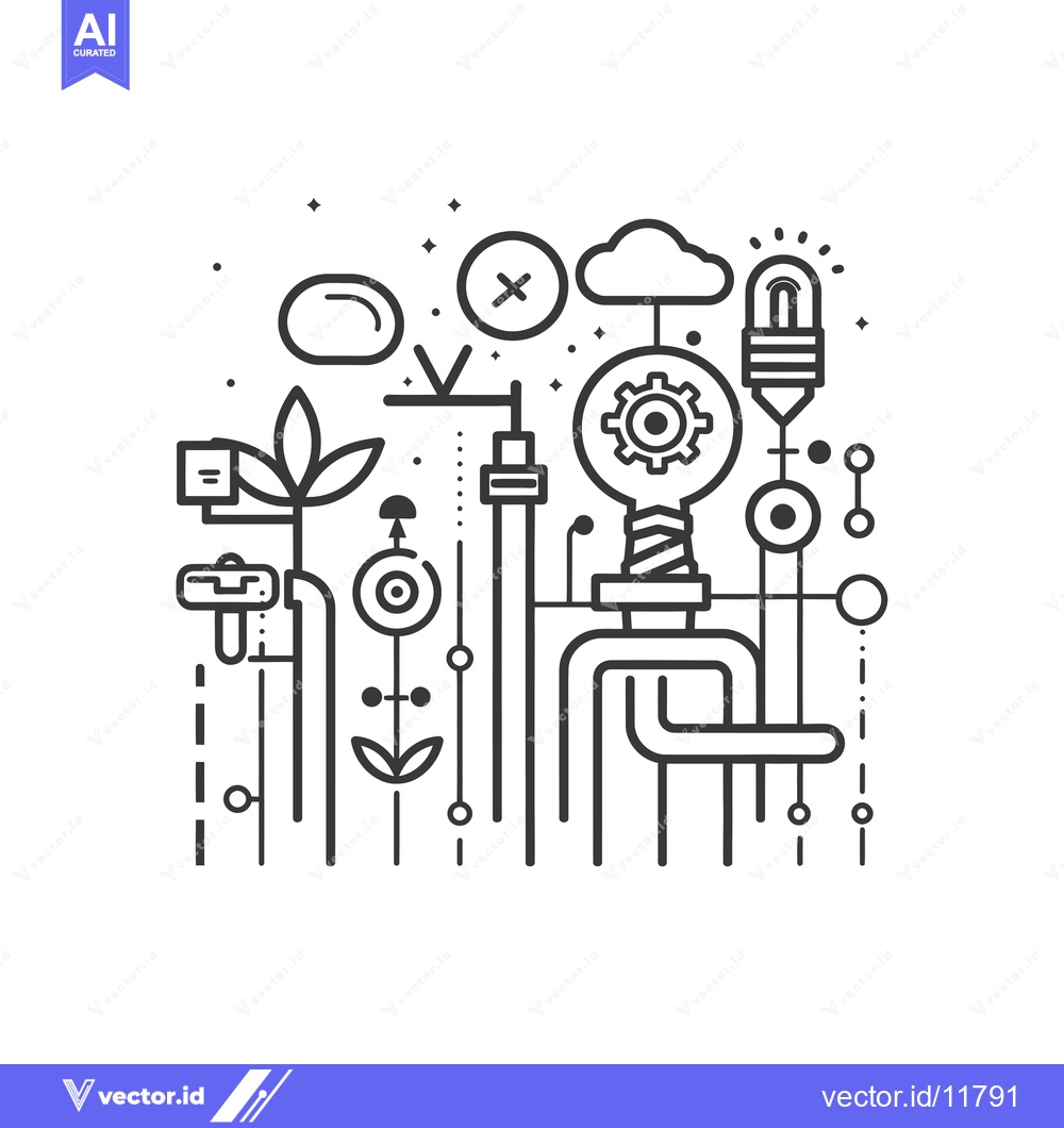 Premium Vector of Abstract Line Art Illustration of a Light Bulb with Gears, Plants, and