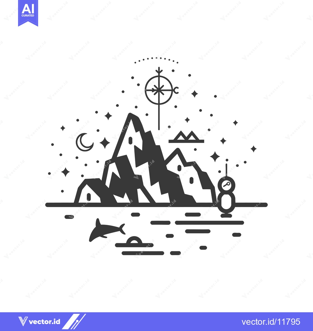 Premium Vector of Abstract Line Art Illustration of a Mountain Landscape with a Compass,