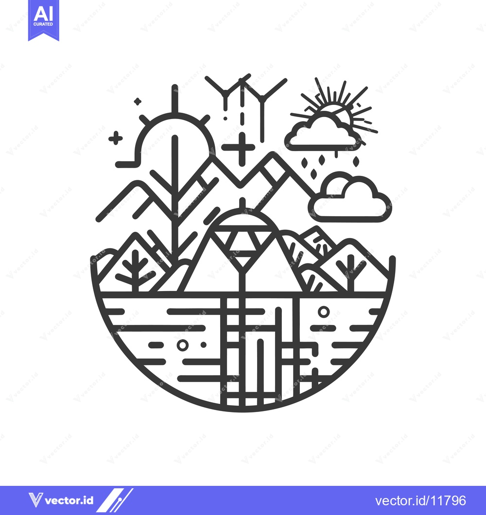 Premium Vector dari Abstract Line Art Illustration of a Mountain Landscape with Sun, Cloud