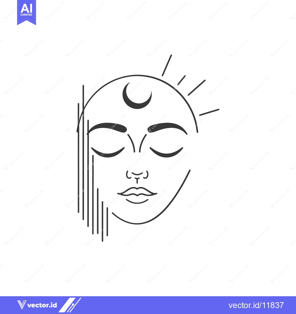Premium Vector of Abstract Line Art Portrait of a Person with Crescent Moon and Sun Rays