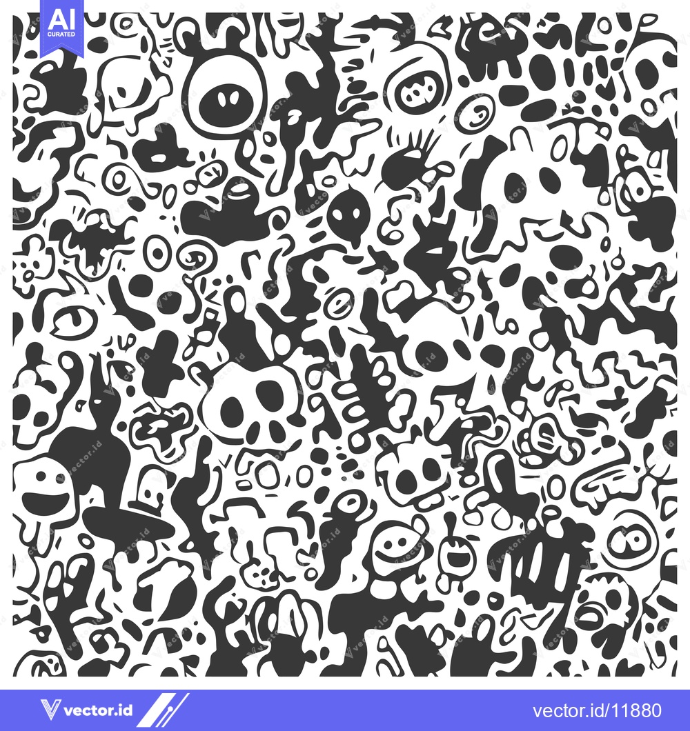 Premium Vector dari Abstract Monochrome Doodle Pattern with Various Shapes and Faces