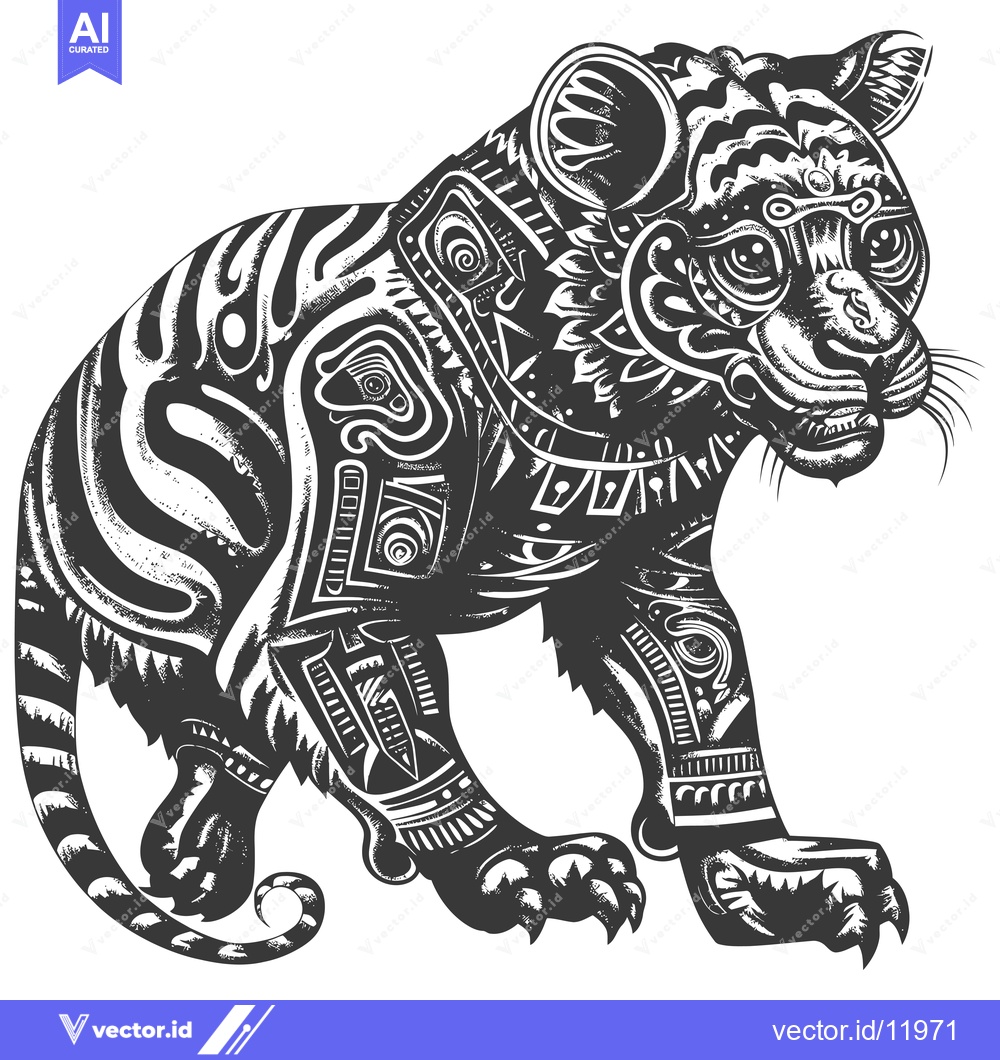 Premium Vector dari Abstract Tribal Style Black and White Illustration of a Tiger Cub