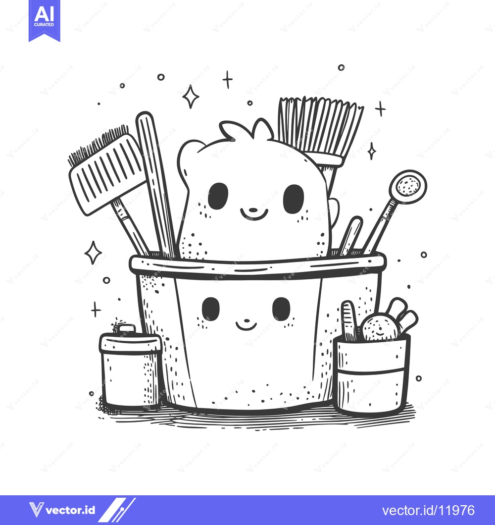 Premium Vector dari A Bucket of Cleaning Supplies with a Cute Bear Face