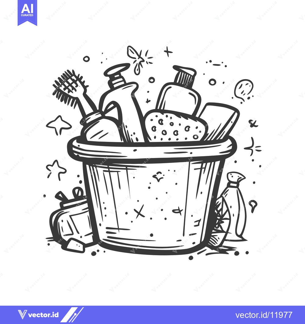 Premium Vector dari A Bucket Overflowing with Cleaning Supplies and a Scrub Brush