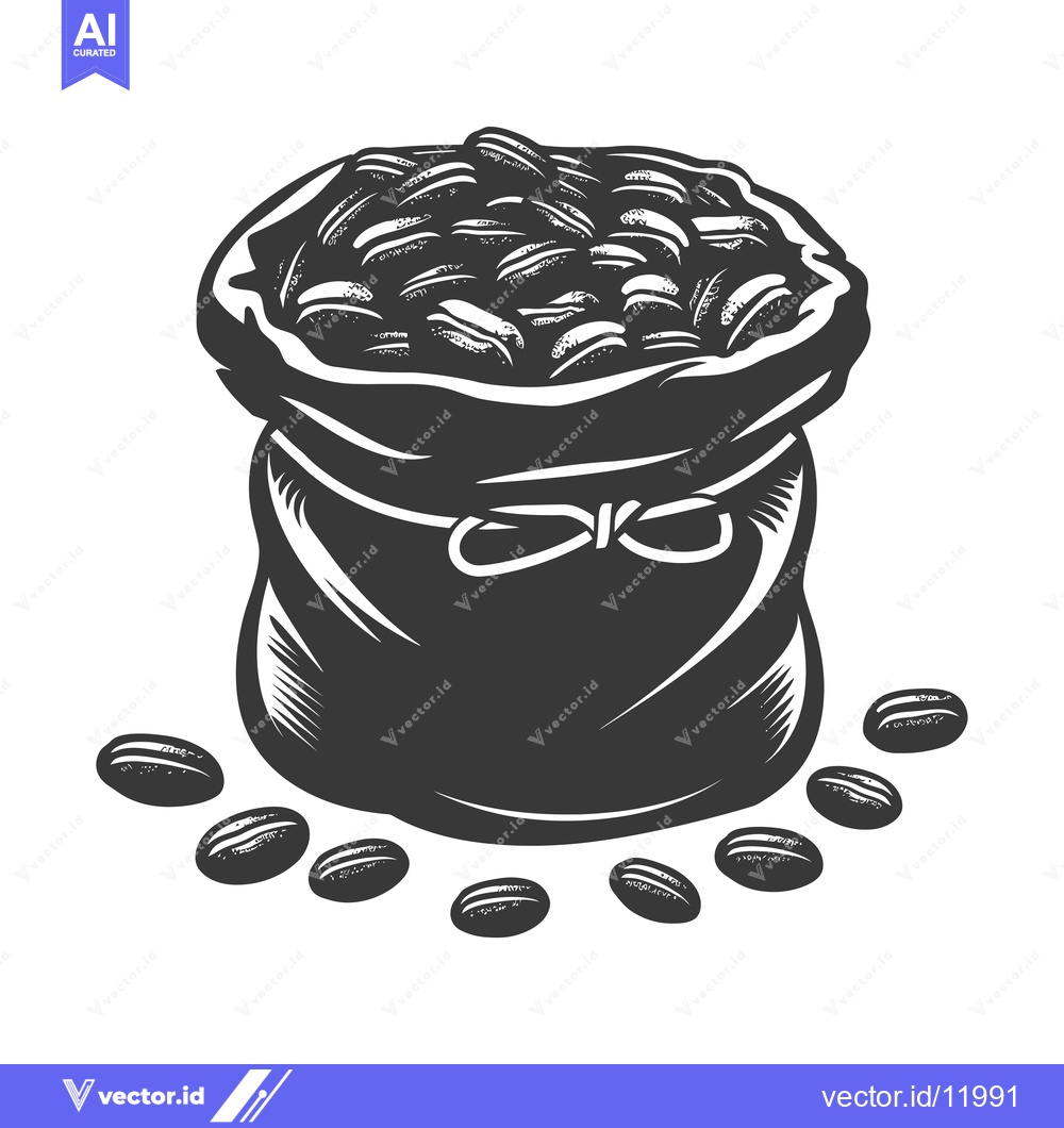 Premium Vector dari A burlap sack filled with coffee beans with scattered beans below
