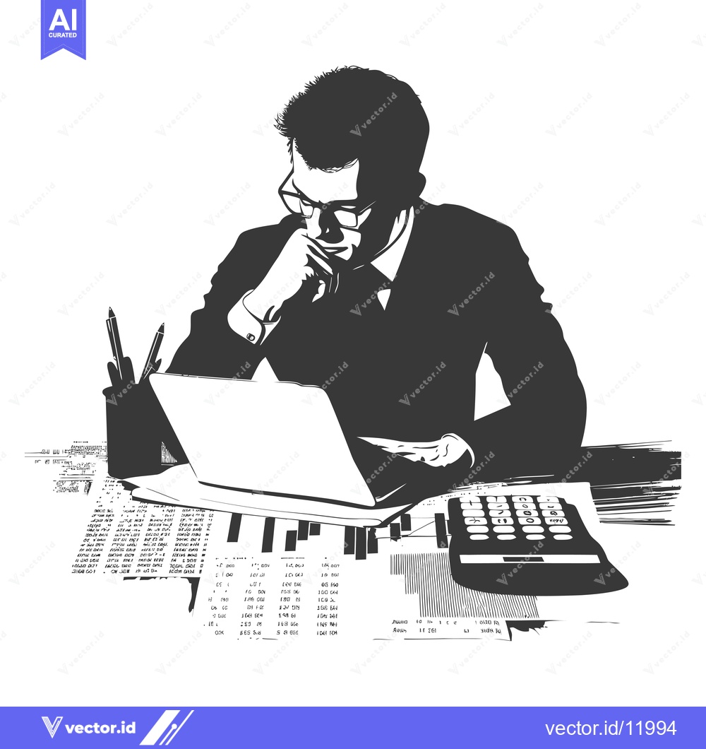 Premium Vector of A businessman working on financial data with a laptop and calculator