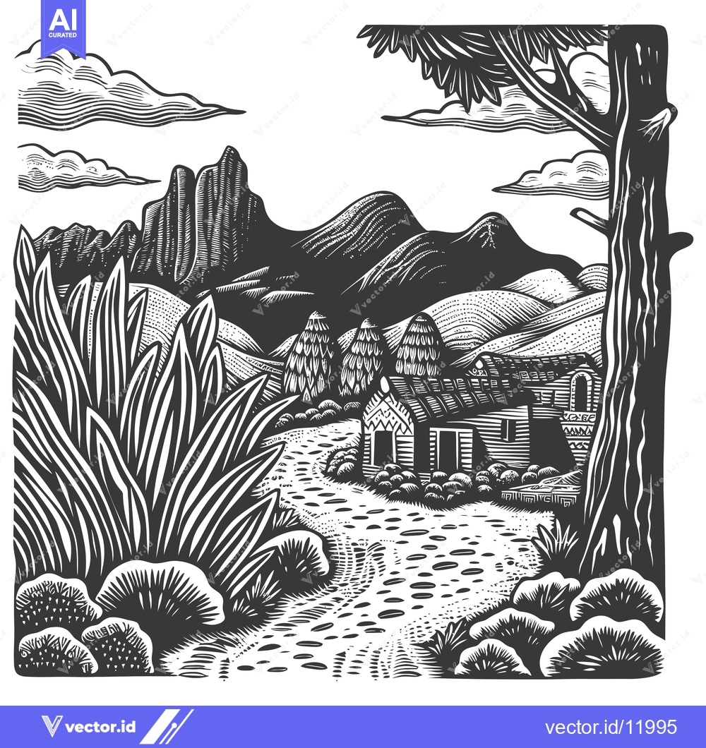 Premium Vector dari A Cabin Nestled in a Mountainous Landscape with a Winding Path