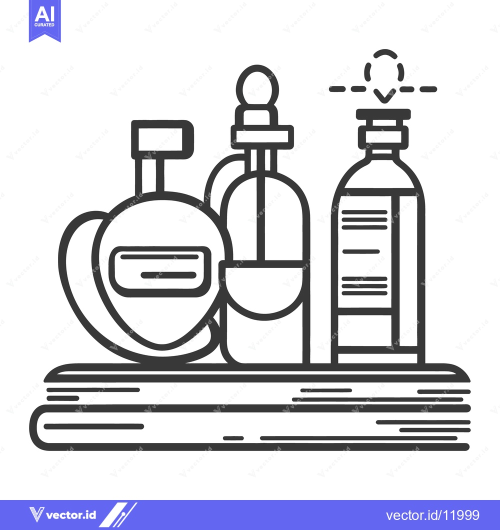 Premium Vector dari Three glass bottles with different shapes and a book beneath them