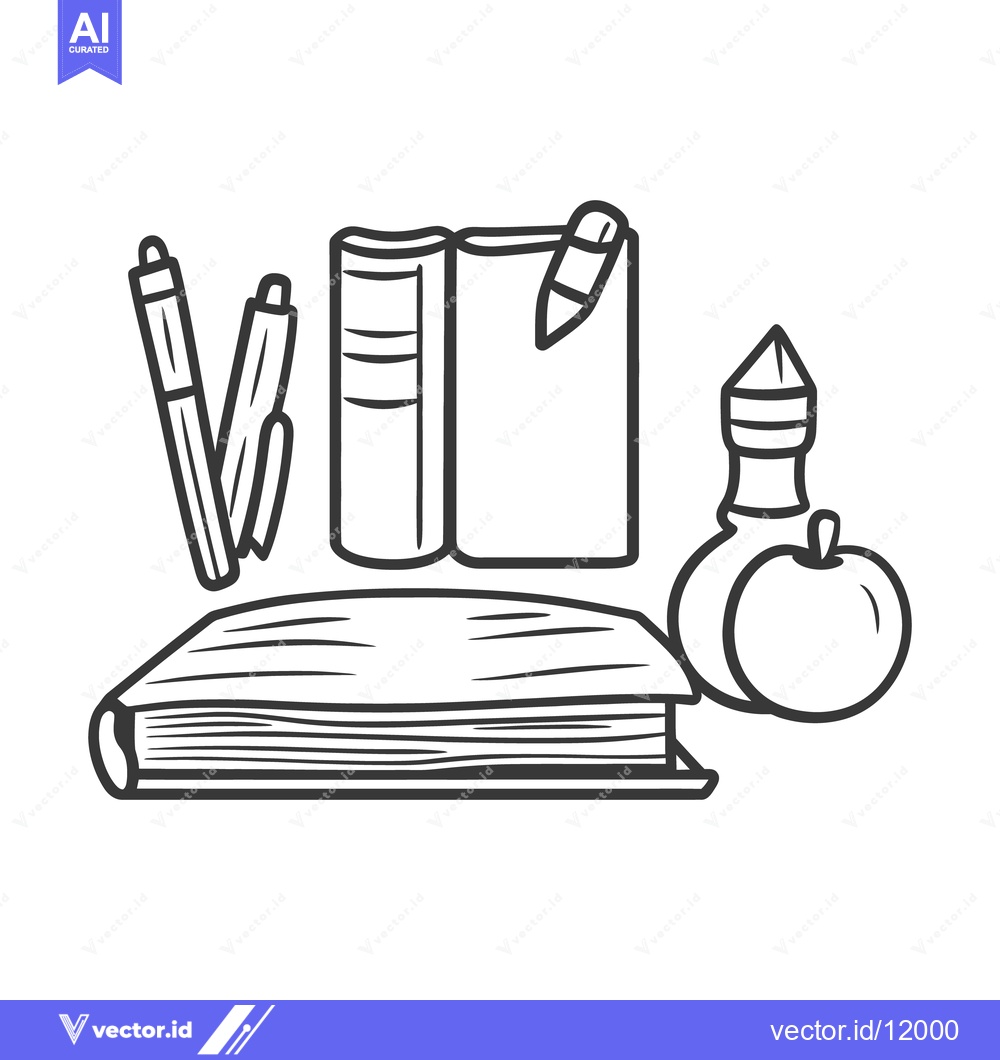 Premium Vector of Line drawing of books pens apple and a small bottle