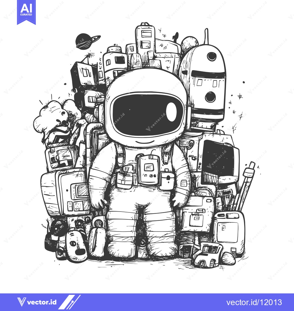 Premium Vector dari A Cartoon Astronaut Surrounded by Doodle-Like Objects