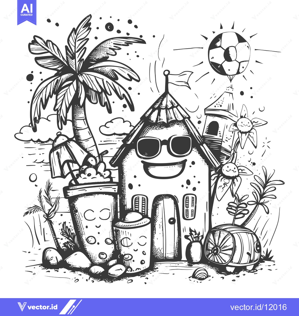 Premium Vector of A Cartoon Beach Scene with a Smiling House Wearing Sunglasses