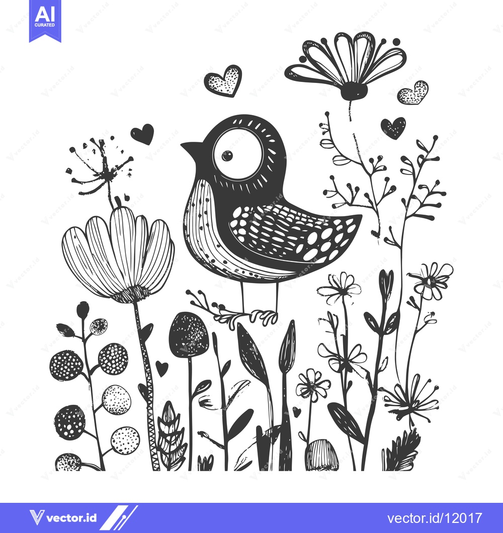 Premium Vector dari A Cartoon Bird Perched on a Branch in a Garden of Flowers and Plants