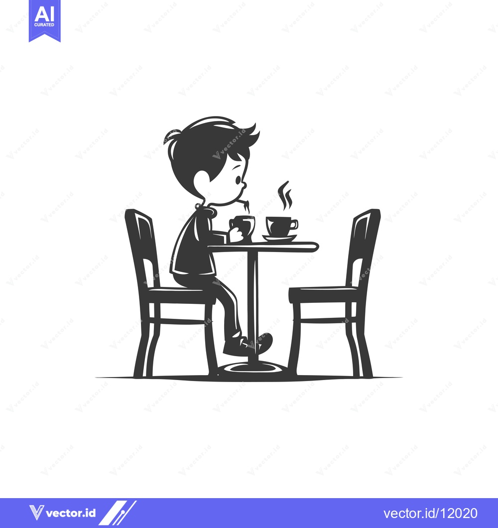 Premium Vector dari A Cartoon Boy Drinking Coffee at a Table