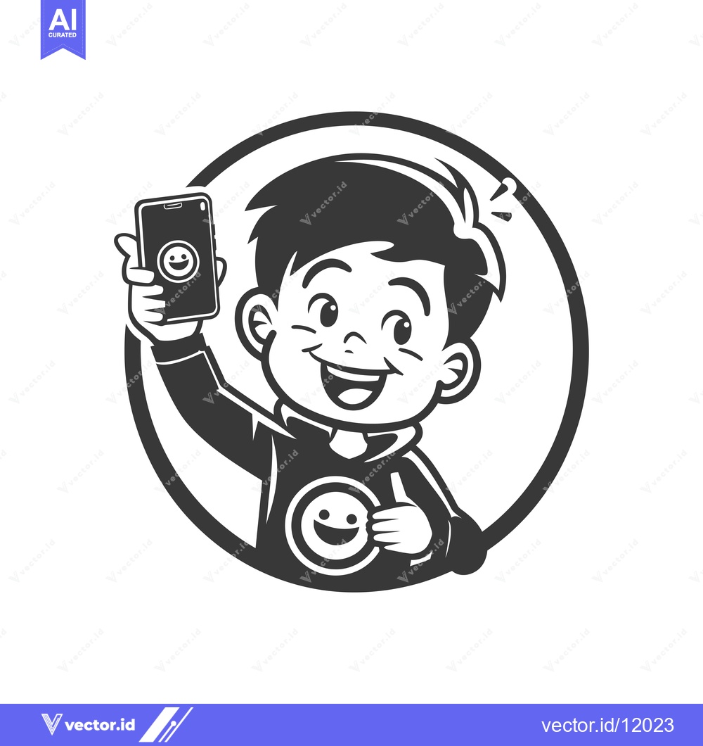 Premium Vector dari A Cartoon Boy Holding a Smartphone With a Smiley Face Icon