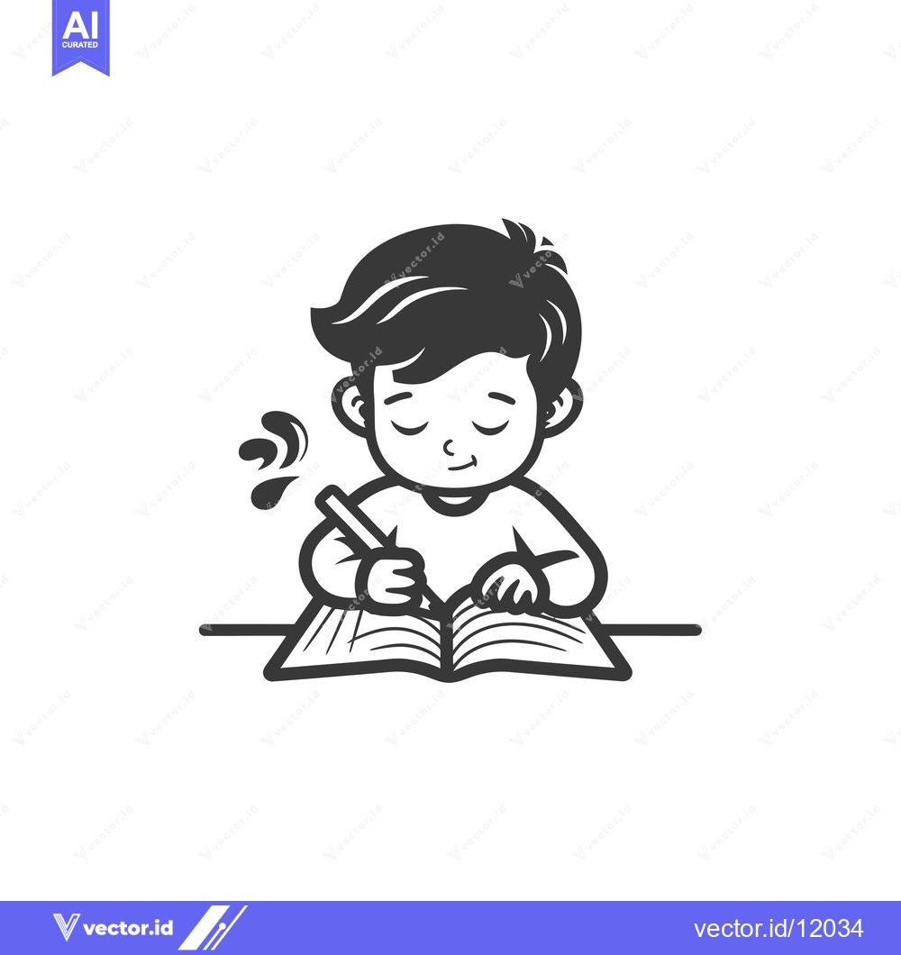 Premium Vector dari A cartoon boy writing in a notebook with a pen