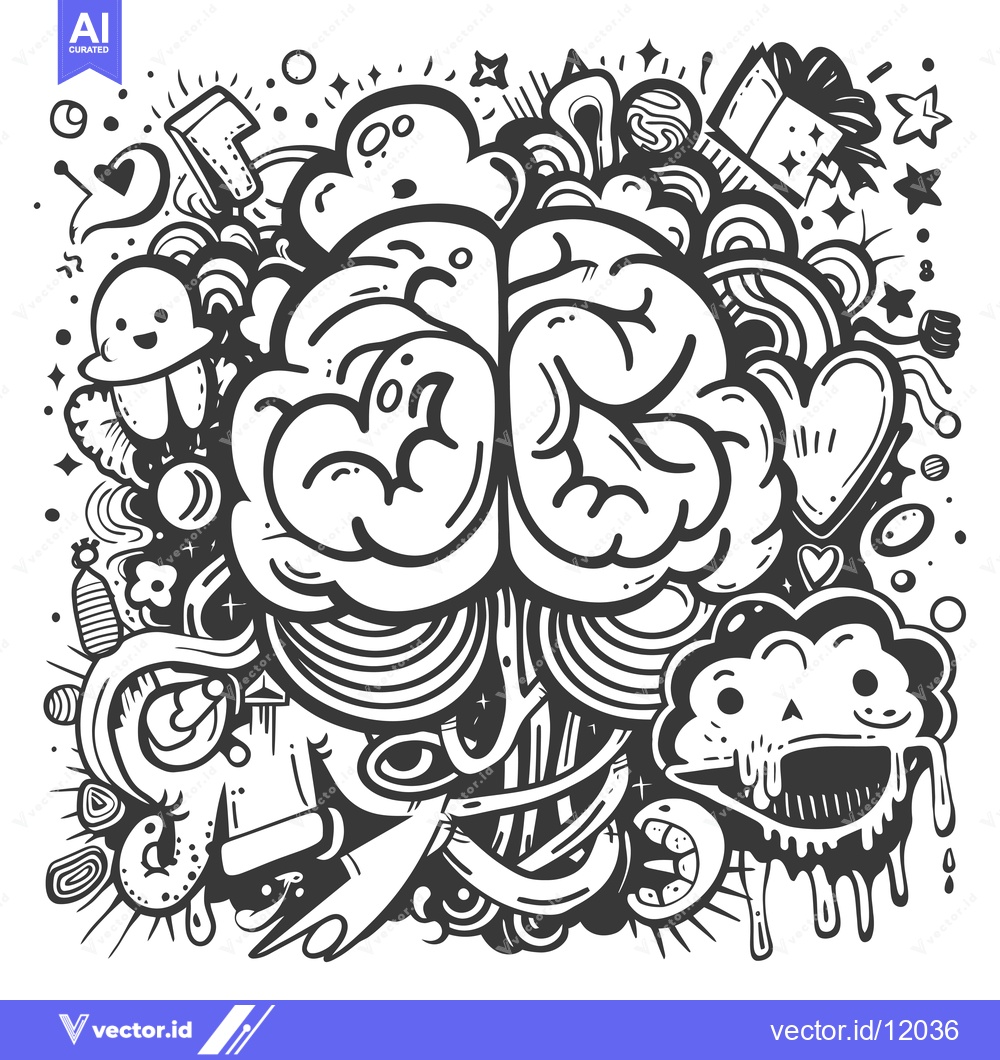 Premium Vector dari A Cartoon Brain Surrounded by Abstract Doodles