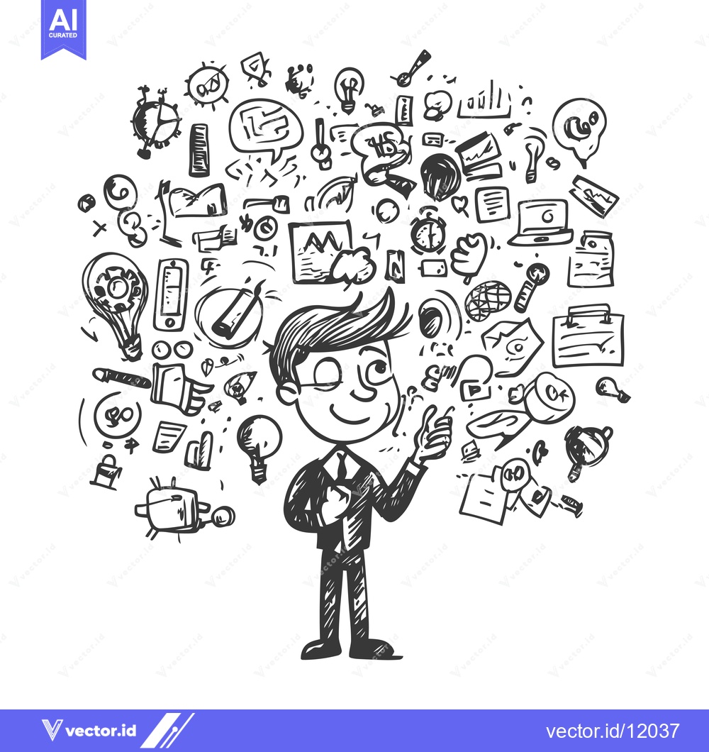 Premium Vector dari A Cartoon Businessman Surrounded by Doodle Ideas and Symbols