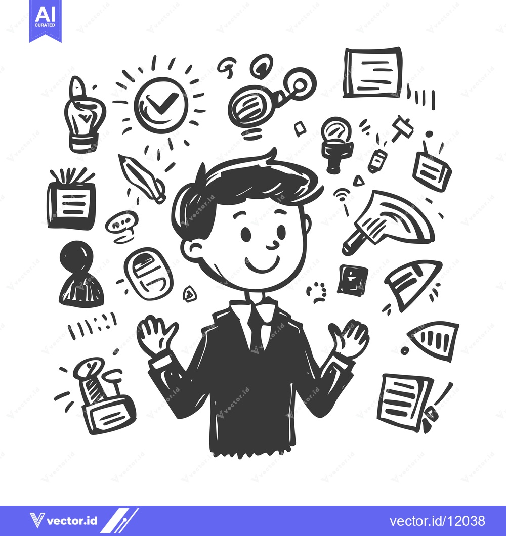 Premium Vector of A Cartoon Businessman Surrounded by Hand-Drawn Success Symbols