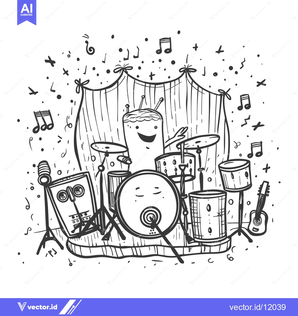 Premium Vector dari A Cartoon Character Playing a Drum Set With a Guitar and Microphone